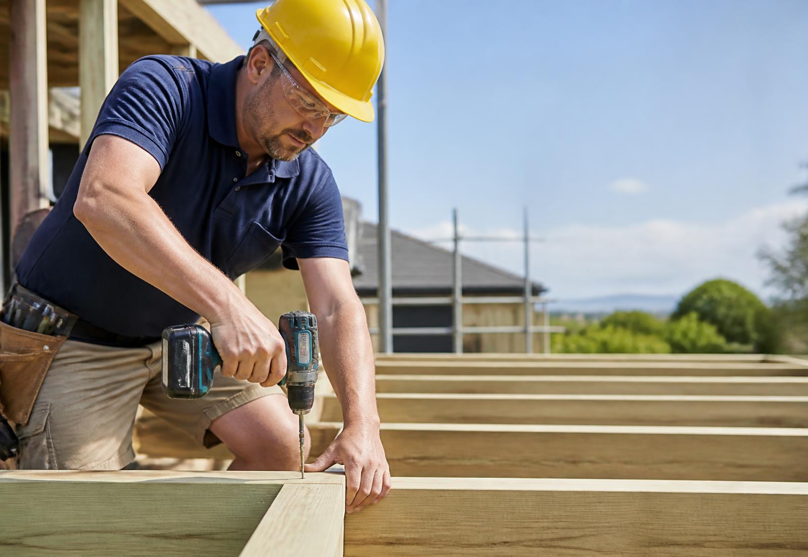 Tradesperson fixing timber joists on a house extension